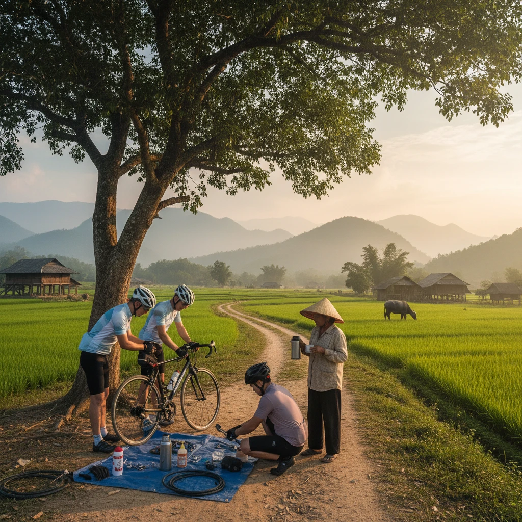 Ảnh thành viên câu lạc bộ xe đạp hỗ trợ nhau