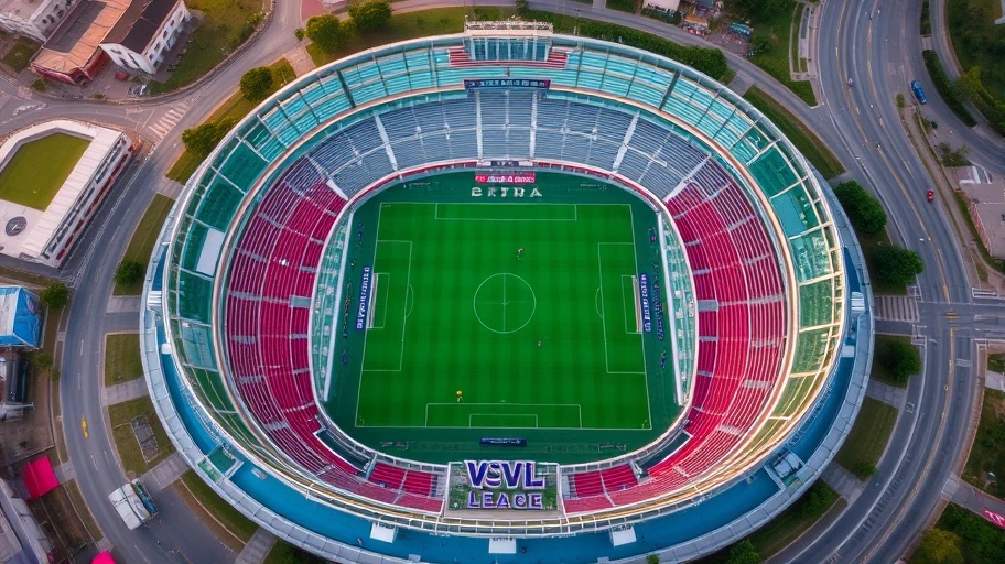 Cảnh chụp từ trên cao về một sân vận động bóng đá Việt Nam trong trận đấu V League.
