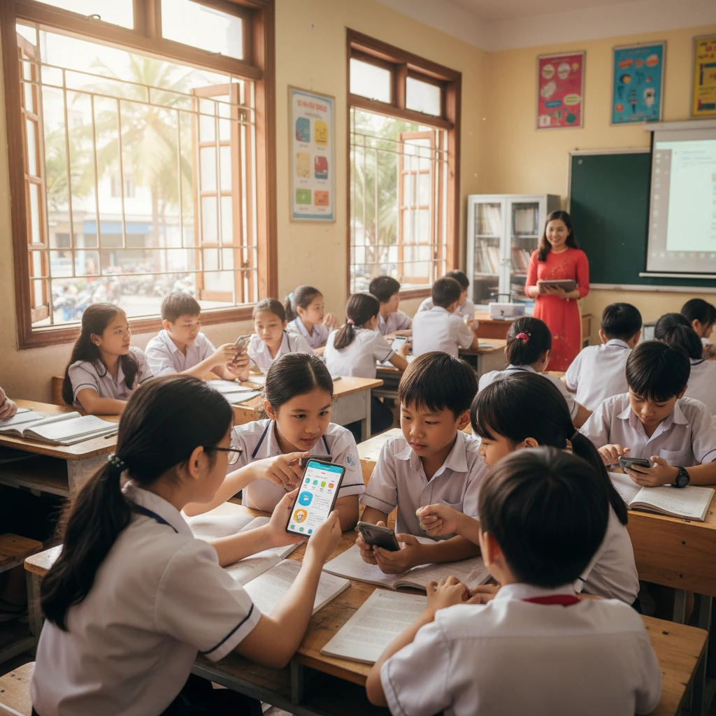 Hình ảnh học sinh học qua APK trong lớp học.