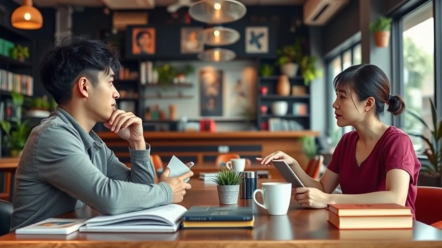 Người học ngôn ngữ với sách tại quán cà phê