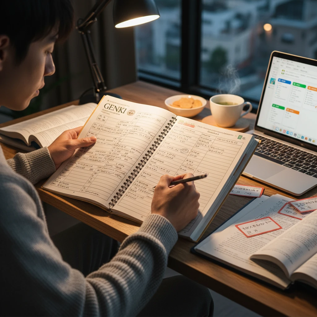 Người học tiếng Nhật với sách bài tập