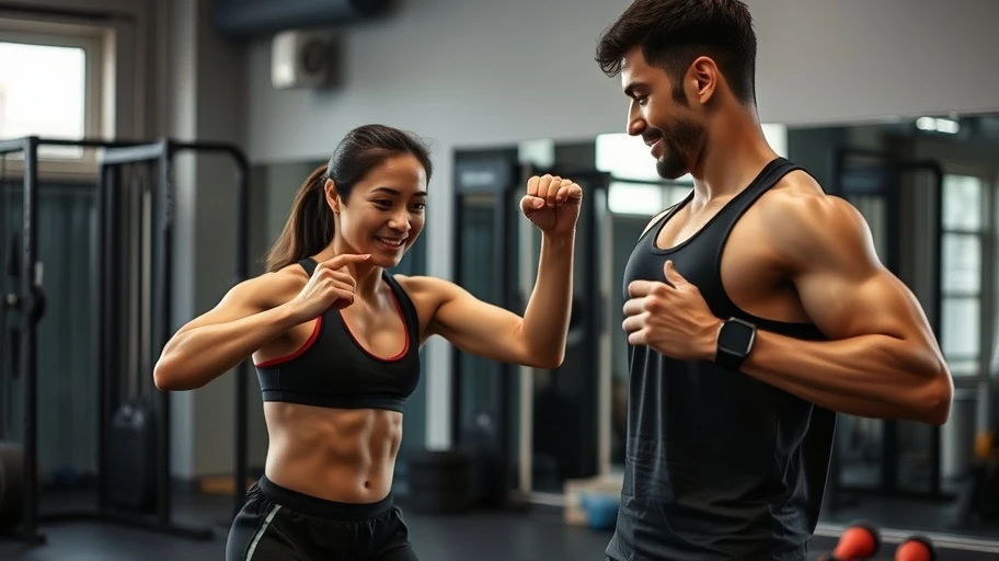 Trainer guiding client in workout