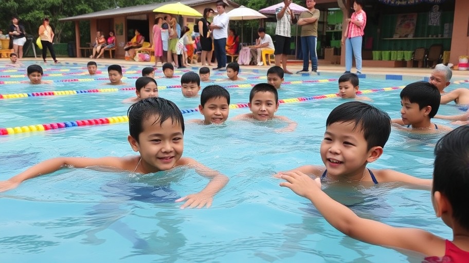 Trẻ em học bơi trong một sự kiện cộng đồng