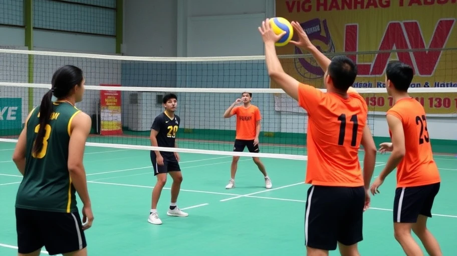 Vận động viên trong buổi tập bóng chuyền, phát triển mạnh mẽ.